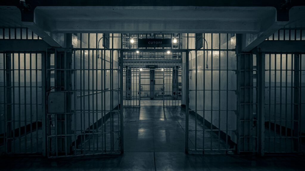 Moody interior of a prison corridor with metal bars, evoking a sense of confinement.